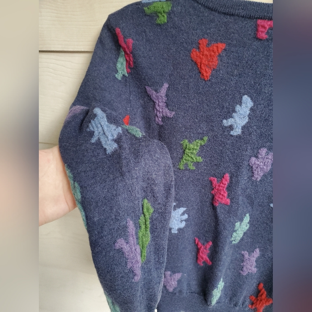 Bosco Fresh 100% Wool Multicolored Graphic Dino Pattern Navy Crewneck Sweater - Picture 11 of 14